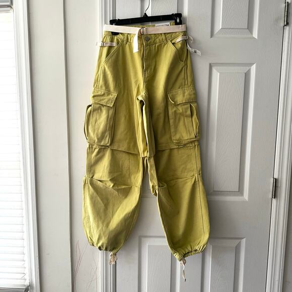 PacSun NWT Jayde Balloon Cargo Yellow Baggy Pants Waist 24 New With Canvas Belt - Picture 3 of 14